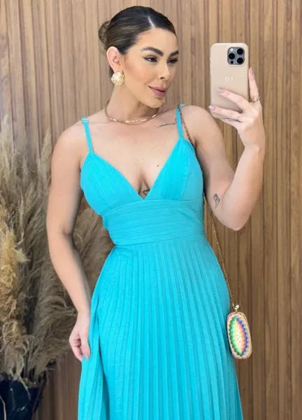 Vestido plissado Verde Agua - LANÇAMENTO