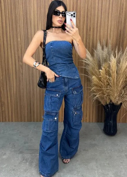 Calça Jeans Cargo Alcance - Lavagem Escura