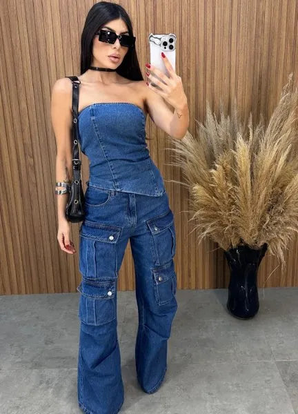 Calça Jeans Cargo Alcance - Lavagem Escura