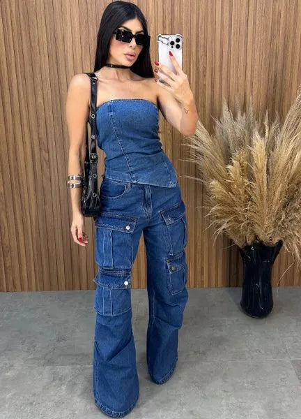 Calça Jeans Cargo Alcance - Lavagem Escura