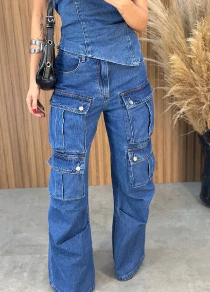 Calça Jeans Cargo Alcance - Lavagem Escura
