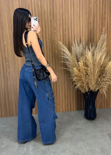 Calça Jeans Cargo Alcance - Lavagem Escura