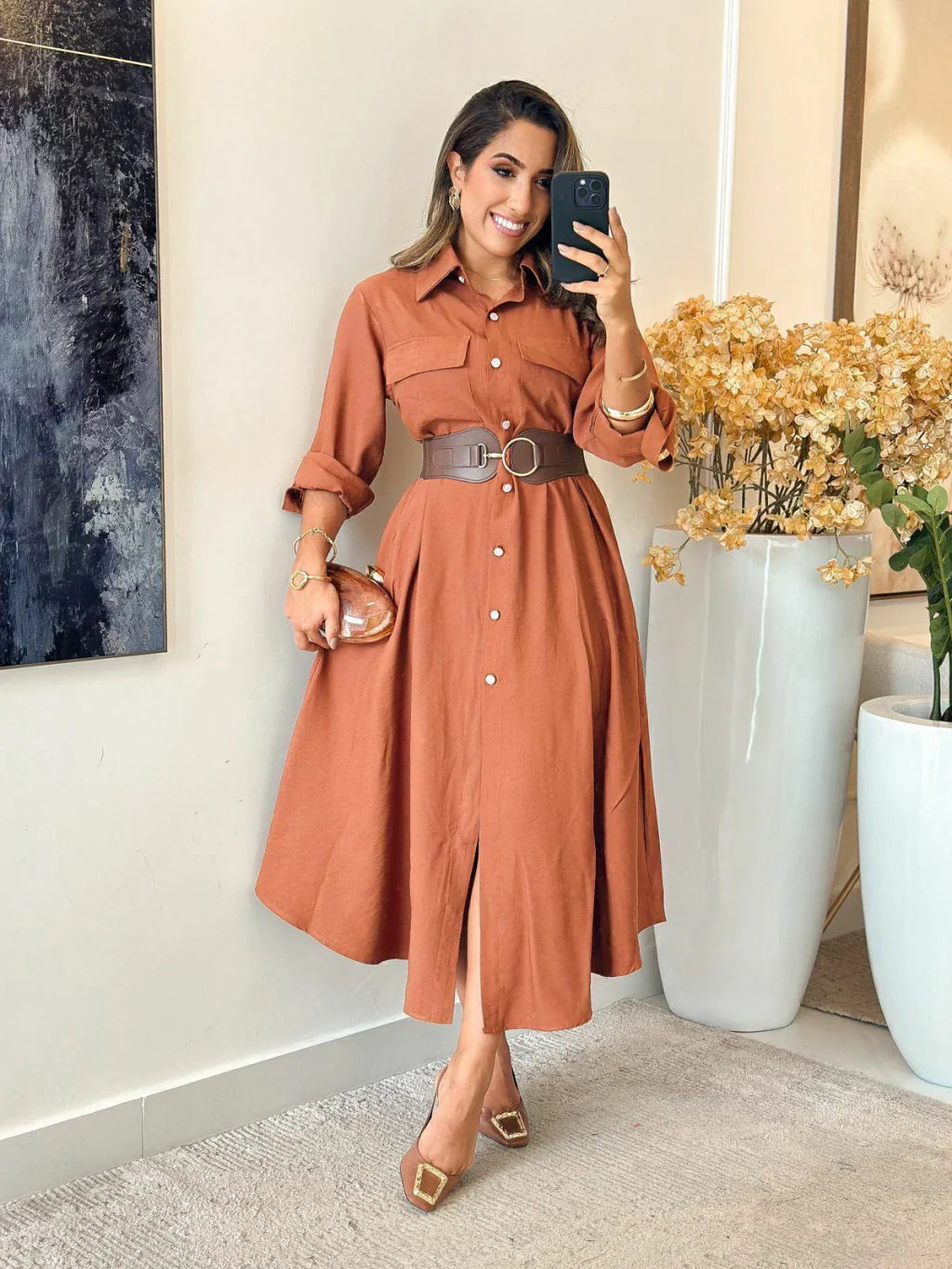 Vestido Linho Charmisse/Manga Longa Com Botões