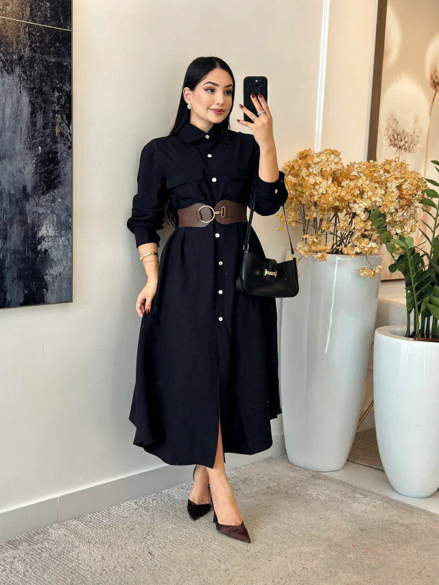 Vestido Linho Charmisse/Manga Longa Com Botões