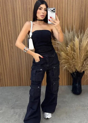 Calça Jeans Cargo Alcance - Preta