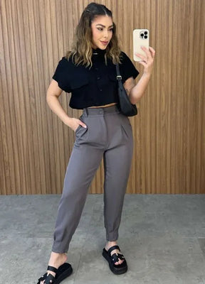 Camisa Cropped Linho - Preto